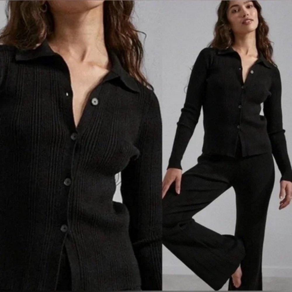 Lunya Cozy Cotton Silk Variegated Rib Cardigan Immersed Black Size Small
